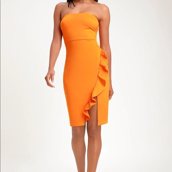 Lulus Orange Ruffled Strapless Bodycon Dress - Picture 1 of 7